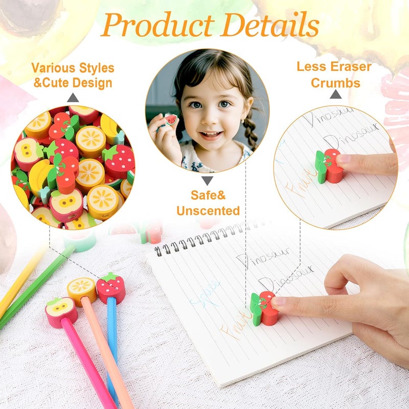 Wolpark 30 PCS Fruit Pencil Top Erasers for Kids Bulk Cute Fruit Apple Banana Strawberry Eraser Caps Pencil Eraser Tops for Kids Erasers Toppers for School Party Favors Back to School Supplies - Image 3